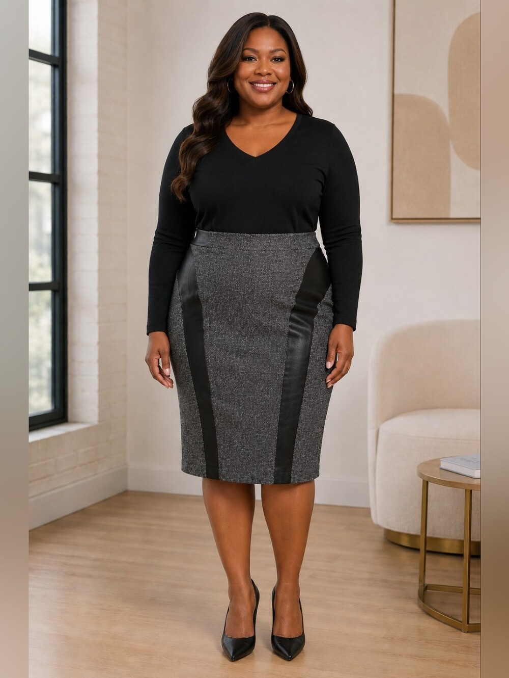 LANE BRYANT Tweed & Faux Leather Panel Pencil Skirt | Career Chic Stretch Midi